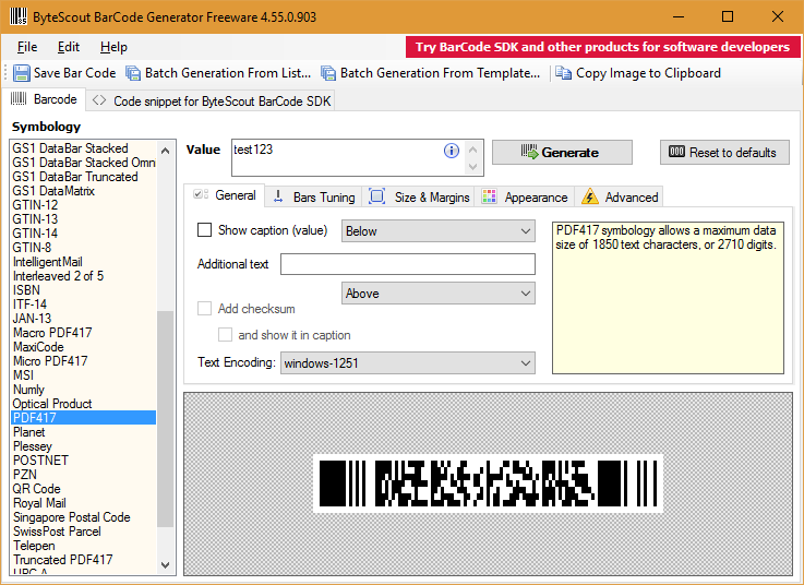 BYTESCOUT BarCode Generator SDK v7.0.0.1145