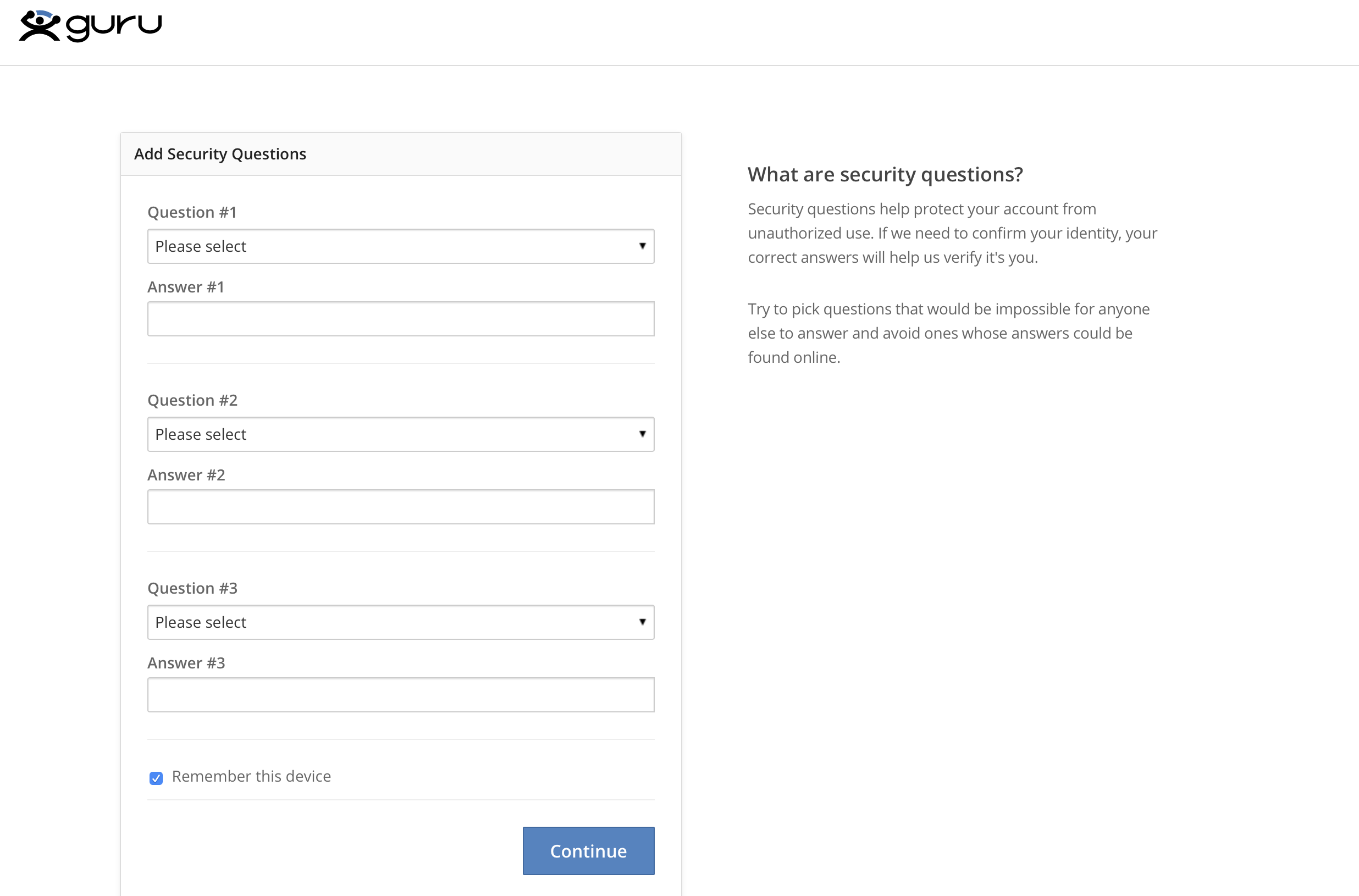 Guru Account Security Questions