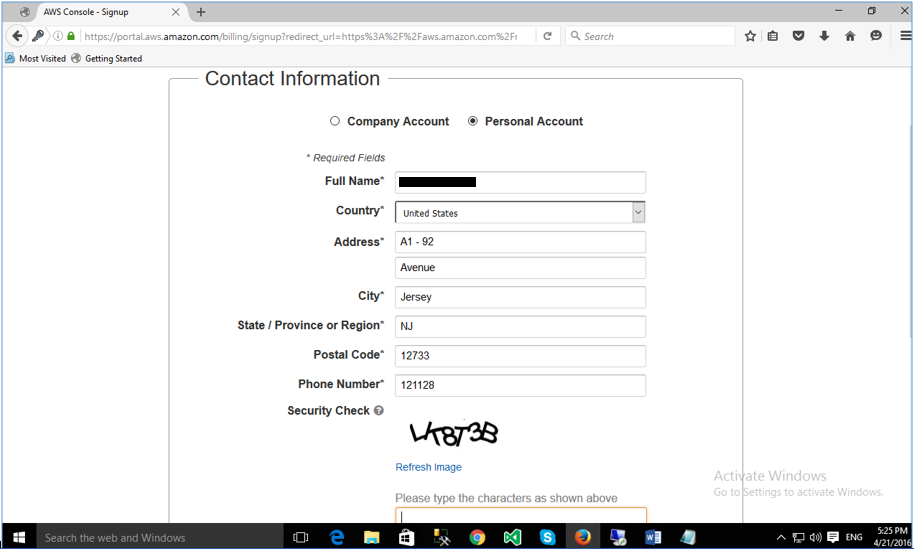 Create AWS Account: Contact Information