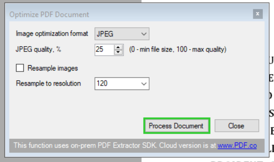 Optimize PDF Document Settings Page