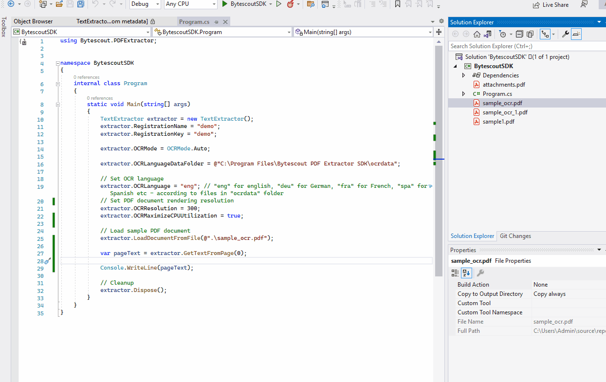 Extract text from PDF using OCR (Optical Character Recognition) of PDF Extractor SDK in C#