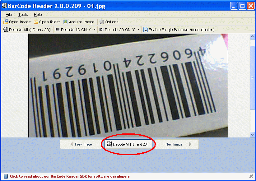Barcode image transferred to Barcode Reader