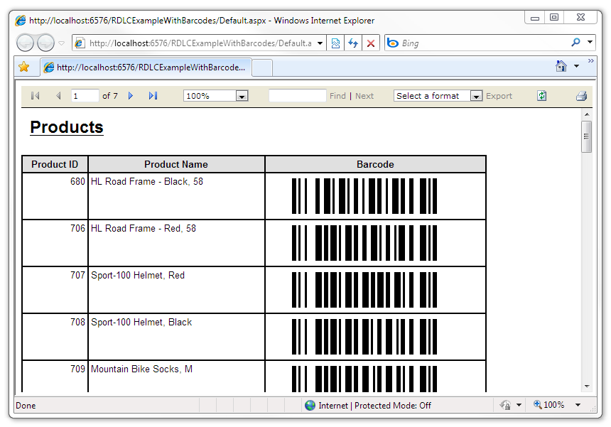 Barcode images displayed in the report