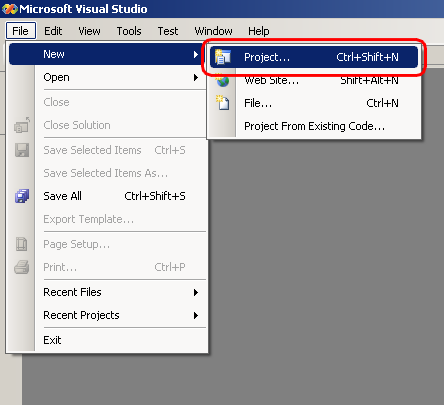 Visual Studio 2005 - New Project command in menu