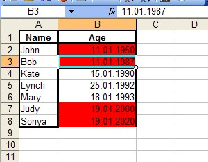 output spreadsheet document with incorrect birth dates marked with red color