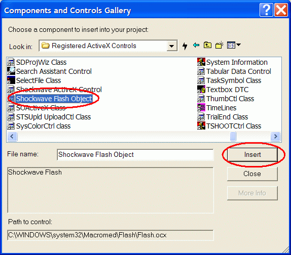 Components and Controls Gallery: Registered ActiveX controls