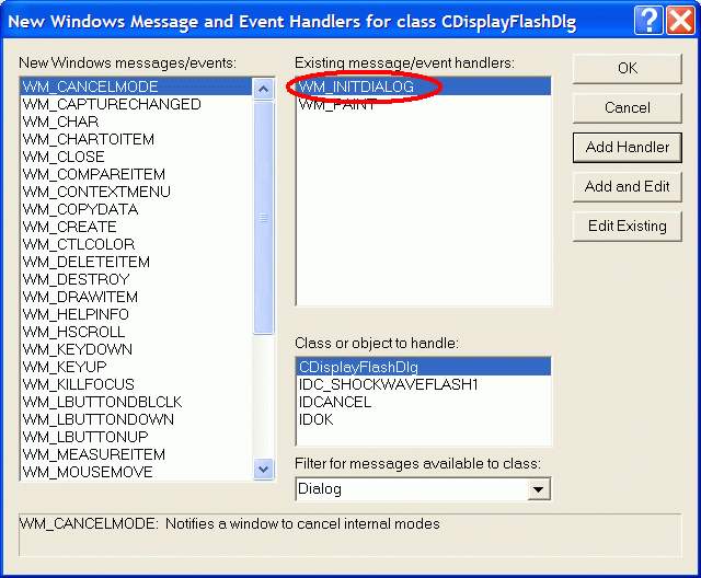 Windows message and Event Handlers dialog