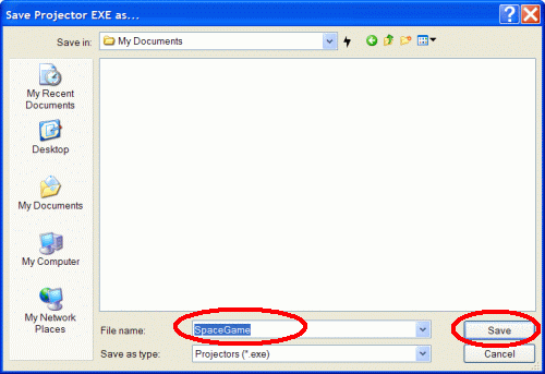 Save dialog where you should enter filename to convert flash to EXE