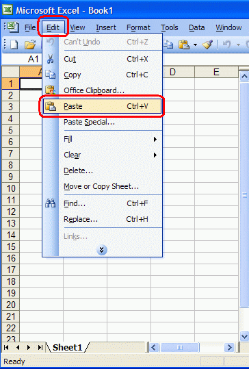 Paste command in Edit menu in Excel