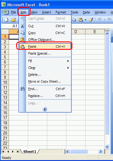 Paste from clipboard command in Edit menu in MS Excel