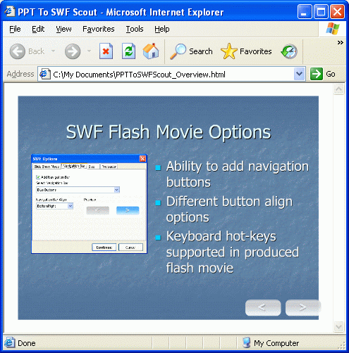 Screenshot of generated flash movie presentation in IE