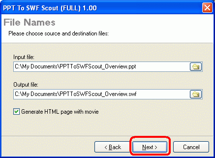 output filename is automatically suggested - correct if needed