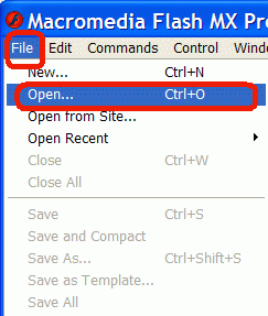 File menu in Macromedia Flash MX