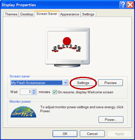 Select your flash screensaver in Display Properties dialog