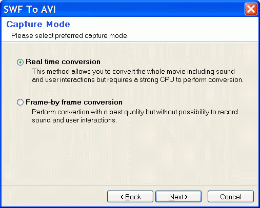 Select Real-Time conversion mode or Frame-By-Frame conversion mode