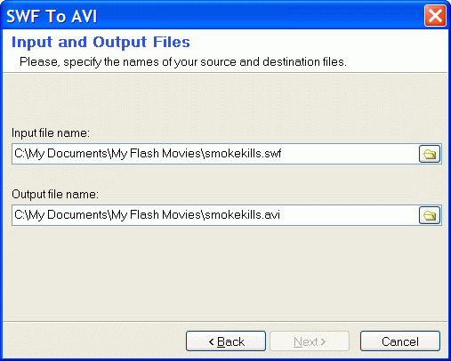 Input and output filenames for flash and AVI video files