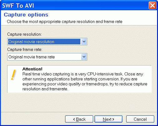 Frame rate and resolution settings