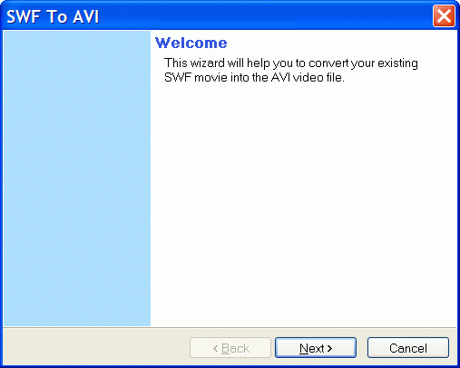 SWF to AVI wizard welcome page