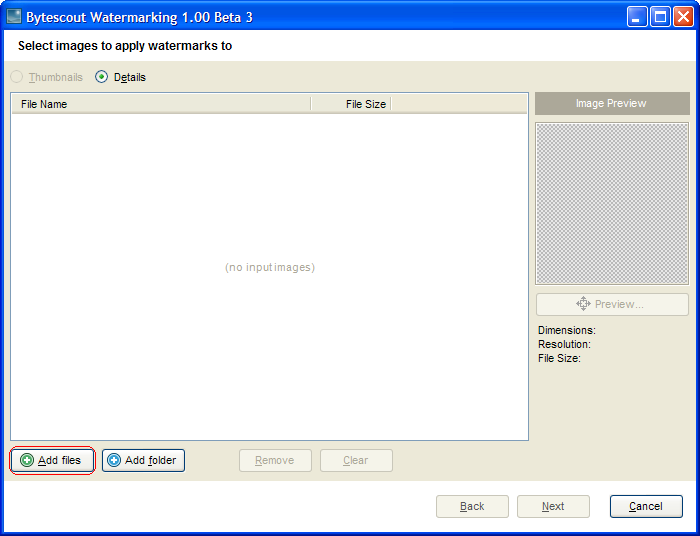 Main wizard dialog in Bytescout Watermarking