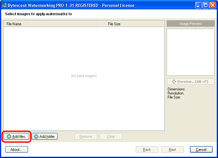Main window of Watermarking. Click Add File to add input image file