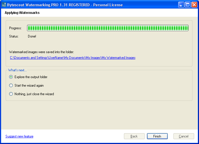 Watermarking was sucessfully done. Click Next to explorer output folder with output images
