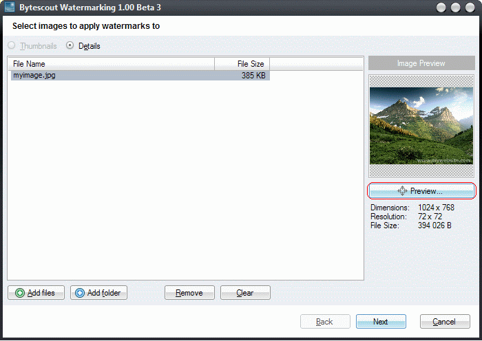 You can preview image in full screen mode or add image from folder or remove selected pictures from list