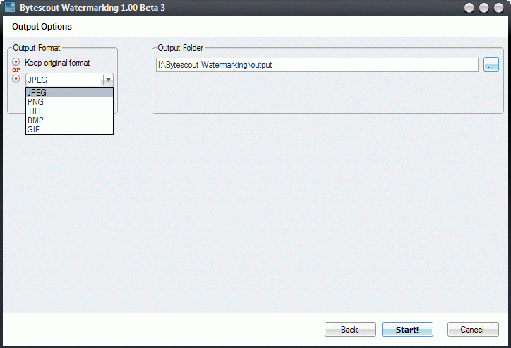 Change output folder if needed and click Start! to start watermarking