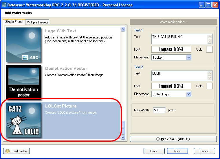 Select LOLCat Picture preset in the list of available watermarking presets