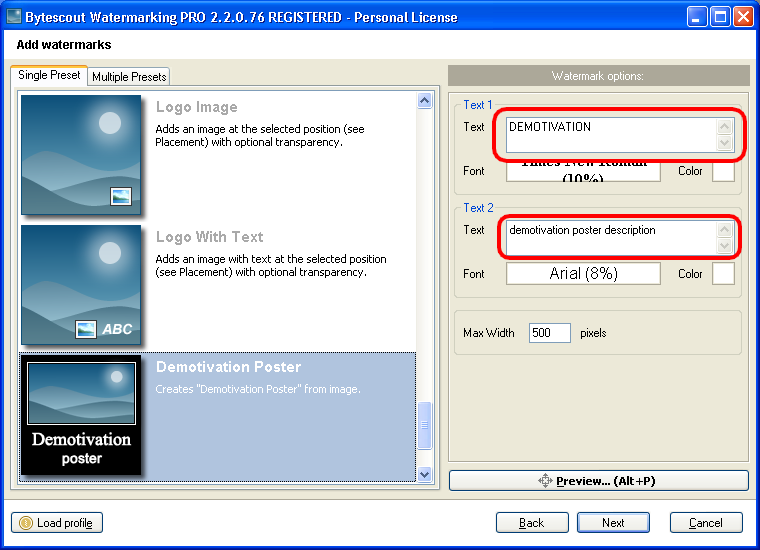 Enter Title and Description text into Text 1 and Text 2 fields