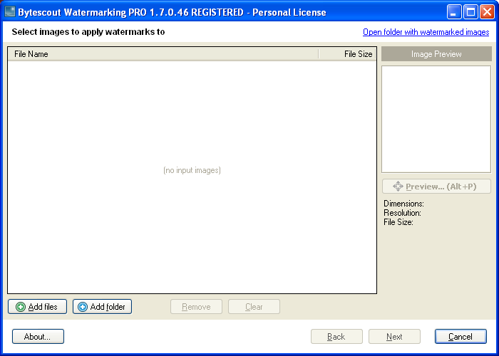 main windows of Watermarking - click Add Files to add pictures to process