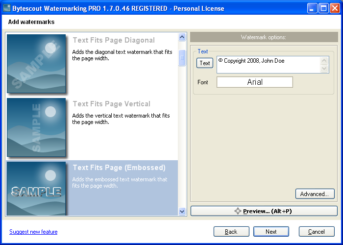 Select Text Fits Page Embossed preset in the list of watermarking presets