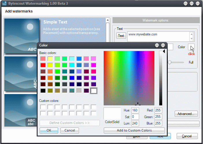 Select color for text in watermark