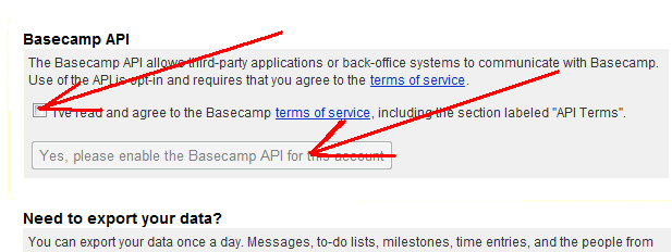 Enable access to BaseCamp API checkbox and button