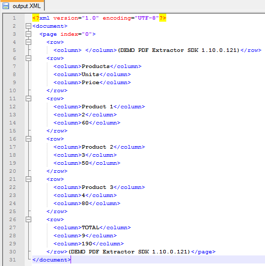 Output XML file with data extracted from PDF table